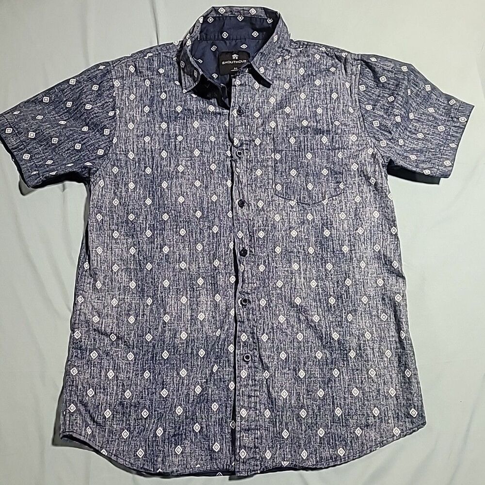 Shouthouse Shirt 100% Cotton Short Sleeve Blue Button Up Classic Mens Medium